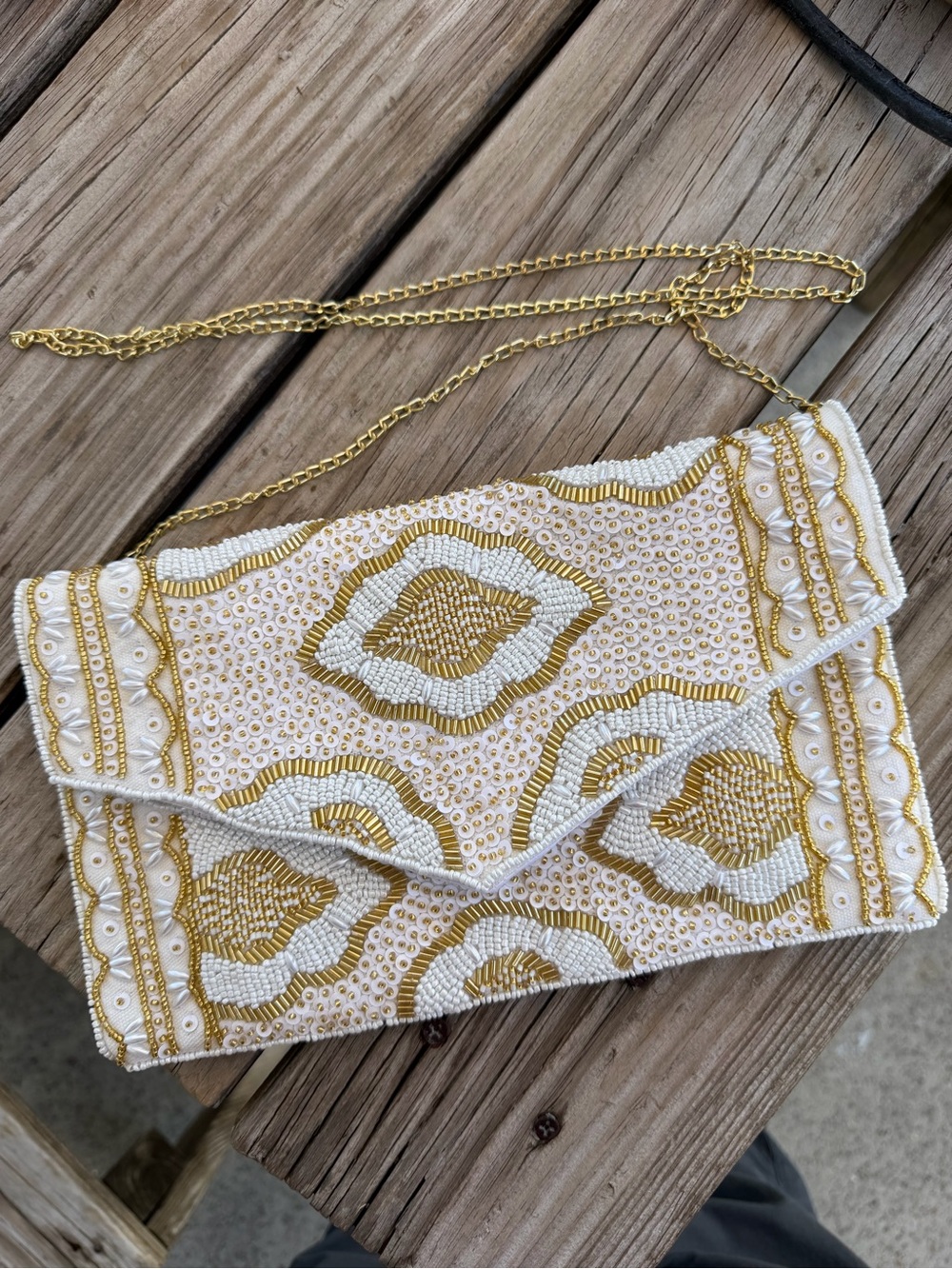 White & Gold Hand Beaded Envelope Clutch Crossbody Bag